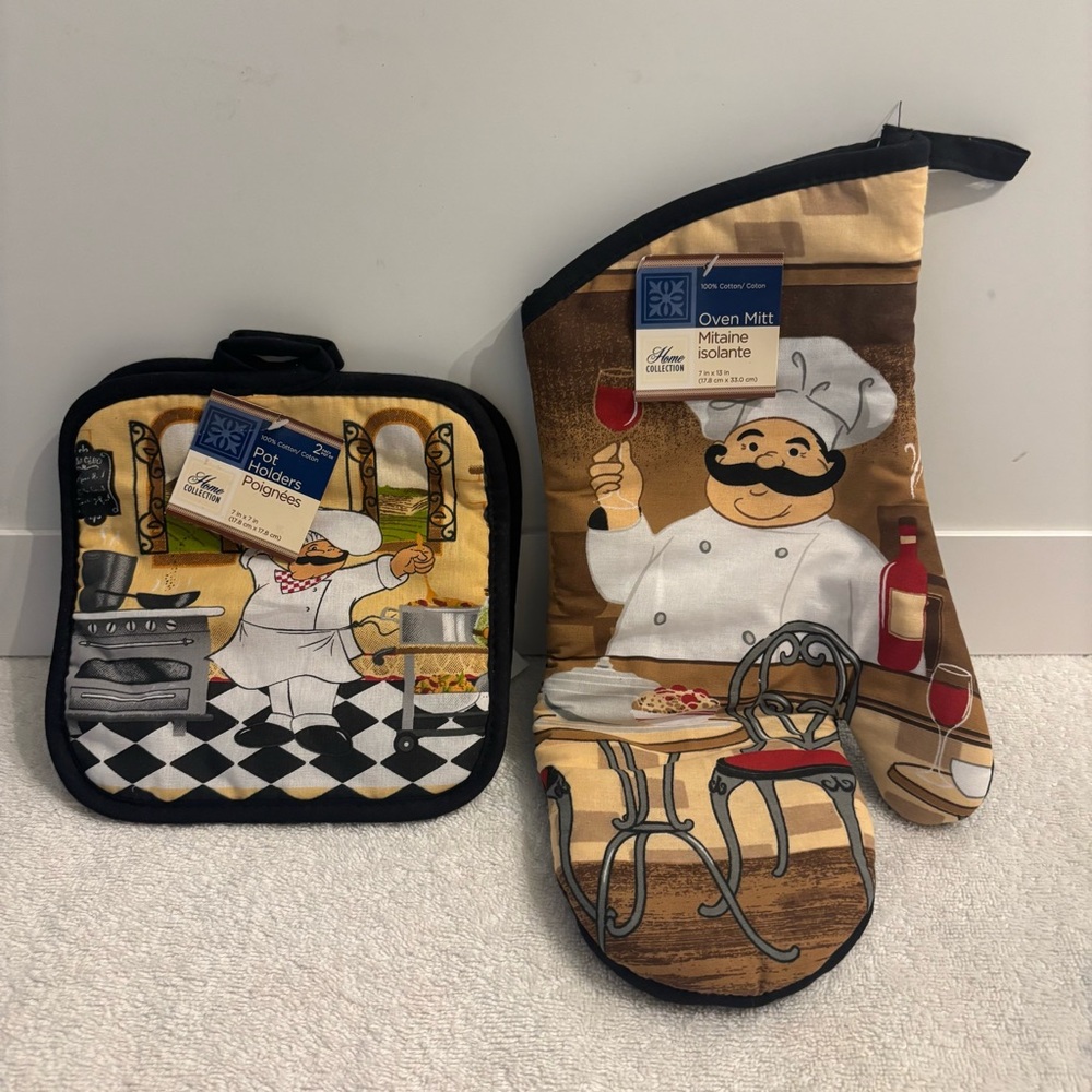 Home Collection Chef Design Oven Mitt and Pot Holder Set - Black and Tan